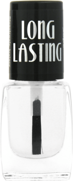 Długotrwały, transparentny lakier Ados Long Lasting. Szklana butelka, czarna zakrętka z napisem.