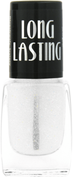 Lakier do paznokci Ados Long Lasting, bezbarwny z białym brokatem, w kwadratowej butelce, czarna zakrętka, widok z przodu.