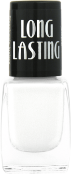 Ados Long Lasting, biały lakier do paznokci, butelka z czarną nakrętką z białym napisem, widok z przodu.