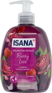 Isana Delikatne Mydło Berry Love, ciemnoróżowa butelka z pompką, widok z przodu, grafiką owoców i róż.