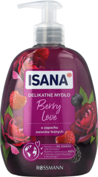Isana Berry Love delikatne mydło w ciemnofioletowej butelce z pompką, z malinami i jeżynami, widok z przodu.