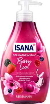Isana Berry Love delikatne mydło w różowej butelce z pompką, z grafiką leśnych owoców i różowych kwiatów.