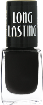 Czarny lakier do paznokci Ados Long Lasting w szklanej butelce, widok z przodu, napis LONG LASTING.