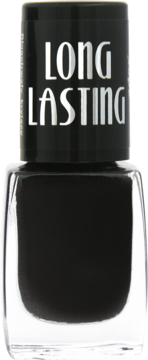 Ados Long Lasting czarny lakier do paznokci w kwadratowej butelce, z napisem LONG LASTING na czarnej nakrętce, widok z przodu.