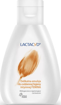Biała butelka Lactacyd Femina, emulsja do higieny intymnej, widok z przodu, z niebieskim logo i brązowym motywem roślinnym.