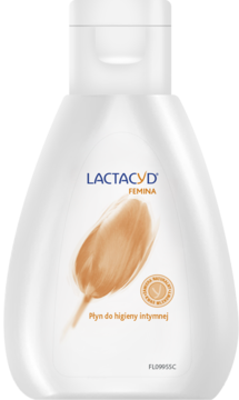 Lactacyd Femina płyn do higieny intymnej, biała butelka 50ml z grafiką tulipana, idealna na podróż, widok z przodu.