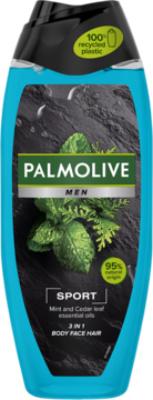 Palmolive Men Sport 3-w-1 żel, turkusowa butelka z czarną etykietą, liście mięty i cedru. Widok z przodu.