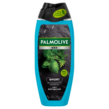 Palmolive Men Sport 3w1 żel pod prysznic w niebieskiej butelce, frontalny widok, etykieta z miętą i cedrem.