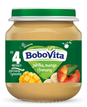 Przecier BoboVita Jabłka, mango, banany dla niemowląt po 4. miesiącu, szklany słoiczek, widok z przodu.
