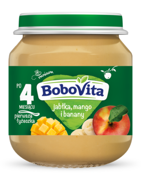 Przecier BoboVita Jabłka, mango, banany dla niemowląt po 4. miesiącu, szklany słoiczek, widok z przodu.