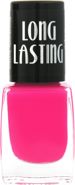 Długotrwały lakier do paznokci Ados Long Lasting, intensywnie różowy, z czarną nakrętką, widok z przodu.
