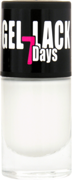 Biały lakier do paznokci Ados Gel Lack 7 Days, butelka z czarną nakrętką i różową cyfrą 7, widok z przodu.