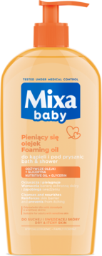 MIXA BABY ,płyn do kąpieli i pod prysznic dla dzieci, 2w1, delikatny, z olejkiem, skóra sucha i wrażliwa,przód