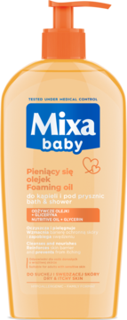 Mixa baby olejek do kąpieli dla suchej skóry, pomarańczowa butelka z pompką, widok z przodu.