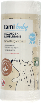 Biała rolka hipoalergicznych ręczniczków tami baby 100% bawełny, 50 sztuk, z myszką. Widok z przodu.