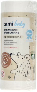 Biała rolka hipoalergicznych ręczniczków tami baby 100% bawełny, 50 sztuk, z myszką. Widok z przodu.
