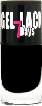 Czarny żelowy lakier do paznokci Ados Gel Lack 7 Days w butelce, czarna nakrętka z białym napisem, widok z przodu.