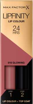 Max Factor Lipfinity Lip Colour, odcień 016 Glowing, długotrwała pomadka 24H w czarno-złotym pudełku.
