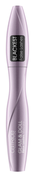 Fioletowy tusz Catrice Glam & Doll Blackest False Lashes, z napisem, w błyszczącym opakowaniu, widok z przodu.