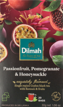 Front of dark Dilmah Passionfruit, Pomegranate & Honeysuckle tea box, fruit illustrations, 20 bags.