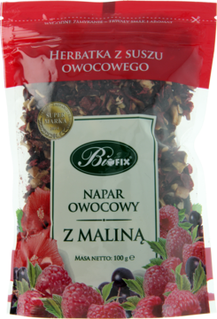 Biofix Napar Owocowy z Maliną, herbatka owocowa w przezroczystym opakowaniu z widocznymi suszonymi owocami i malinami.
