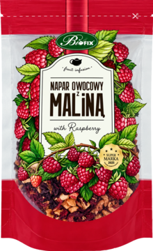 Przezroczysta torebka Biofix z naparem owocowym 'z maliną', czerwone brzegi, realistyczne maliny, widoczne suszone owoce.