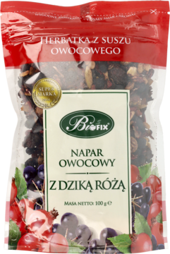 Transparentna torebka herbaty Biofix Napar Owocowy z Dziką Różą, widoczne suszone owoce, czerwone zamknięcie.
