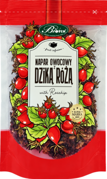 Biofix Napar Owocowy Dziką Różą w torebce, widok z przodu. Widać susz i ilustrację czerwonych owoców dzikiej róży.