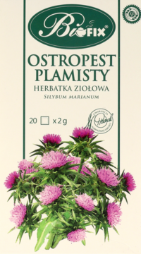 Biofix Ostropest Plamisty Herbatka Ziołowa: biało-zielone opakowanie z dużą grafiką fioletowych ostropestów.