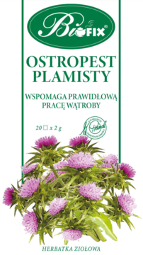 Biofix Ostropest Plamisty herbatka ziołowa wspierająca wątrobę, białe opakowanie z fioletowymi kwiatami, widok z przodu.