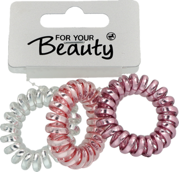 Dwie mini gumki do włosów FYB Elli: przezroczysta i różowa spiralna, obok opakowania For Your Beauty.