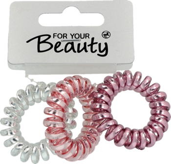 Dwie mini gumki do włosów FYB Elli: przezroczysta i różowa spiralna, obok opakowania For Your Beauty.