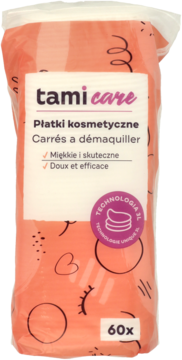 Płatki kosmetyczne Tami care 3L, 60 sztuk, w przezroczystym opakowaniu z pomarańczowym tłem, widok z przodu.