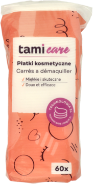 Płatki kosmetyczne Tami care 3L, 60 sztuk, w przezroczystym opakowaniu z pomarańczowym tłem, widok z przodu.
