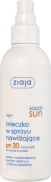 Biała butelka Ziaja Sopot Sun mleczka w sprayu nawilżającego z wysoką ochroną SPF 30, widok z przodu.