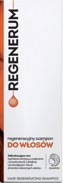 Biała butelka szamponu Regenerum do włosów, widok z przodu, z czarnym napisem i pomarańczowym akcentem kropli.