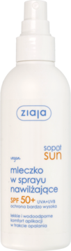 Ziaja Sopot Sun mleczko nawilżające SPF 50+ w białej butelce z pompką, widok przodu.