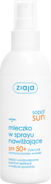 Ziaja Sopot Sun, mleczko nawilżające w sprayu SPF 50+, biała butelka, widok z przodu. Wegańska formuła.