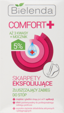Bielenda Comfort+ Skarpety Eksfoliujące, białe pudełko z różową grafiką, napisem 5% mocznika, front.