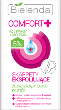 Bielenda Comfort+ skarpetki złuszczające z 3 kwasami i mocznikiem 5%, biało-różowe opakowanie, widok z przodu.