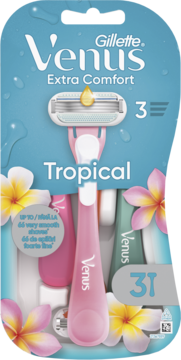 Zestaw 3 różowych maszynek Gillette Venus Extra Comfort Tropical w blistrze z kwiatami. Widok z przodu.