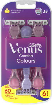 Gillette Venus 3 Comfort Colours maszynki jednorazowe, 3 sztuki, różowe i fioletowe rączki. Widok przód.