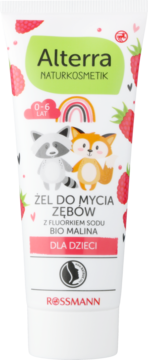 Alterra Naturkosmetik żel do zębów dla dzieci 0-6 lat, malinowy z fluorkiem, widok tubki z lisem i szopem.