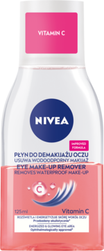 Nivea płyn do demakijażu oczu z Witaminą C 125ml. Biała butelka z różowym akcentem, usuwa wodoodporny makijaż.