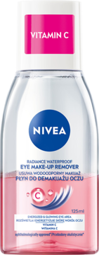 NIVEA dwufazowy płyn do demakijażu oczu wodoodpornego z wit. C, 125ml. Różowo-przezroczysta butelka z przodu.
