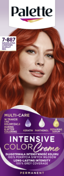 Opakowanie Palette Intensive Color Creme 7-887 Scarlet Red, z modelką o rudych włosach i napisem Multi-Care.