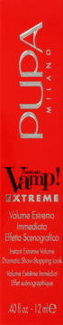 Czerwone pionowe opakowanie tuszu do rzęs Pupa Vamp! Extreme, z srebrnym logo i tekstem, widok z przodu.