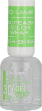 Miss Sporty NAIL EXPERT 3D GEL EFFECT Long Lasting Top Coat w przezroczystej butelce z zielonymi napisami.