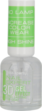 Miss Sporty NAIL EXPERT 3D GEL EFFECT Long Lasting Top Coat w przezroczystej butelce z zielonymi napisami.