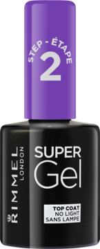 Rimmel Super Gel Top Coat, czarna butelka z fioletową nakrętką "STEP 2" do użytku bez lampy UV, widok z przodu.